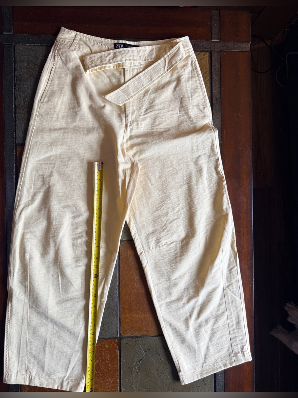 Zara xs khaki buttery yellow office career pants 13” waist belted wide barrel